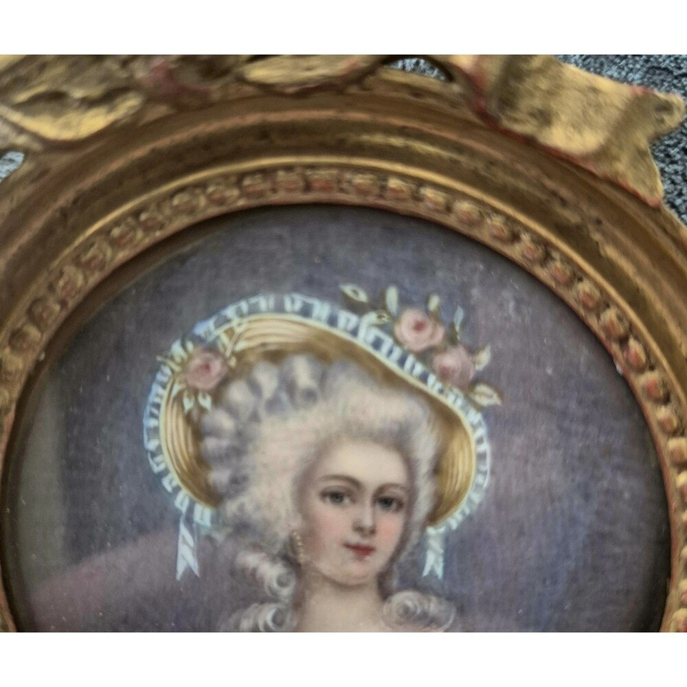 Antique French Miniature Portrait Lady Gilt  Wood Bow Frame As-Is Cracked - Picture 4 of 8